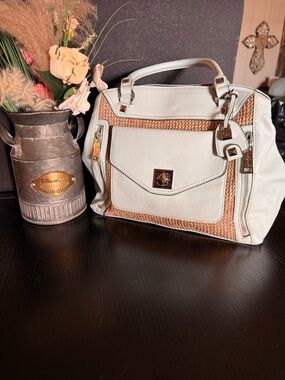 Women's White and Tan Woven Accent Satchel Handbag